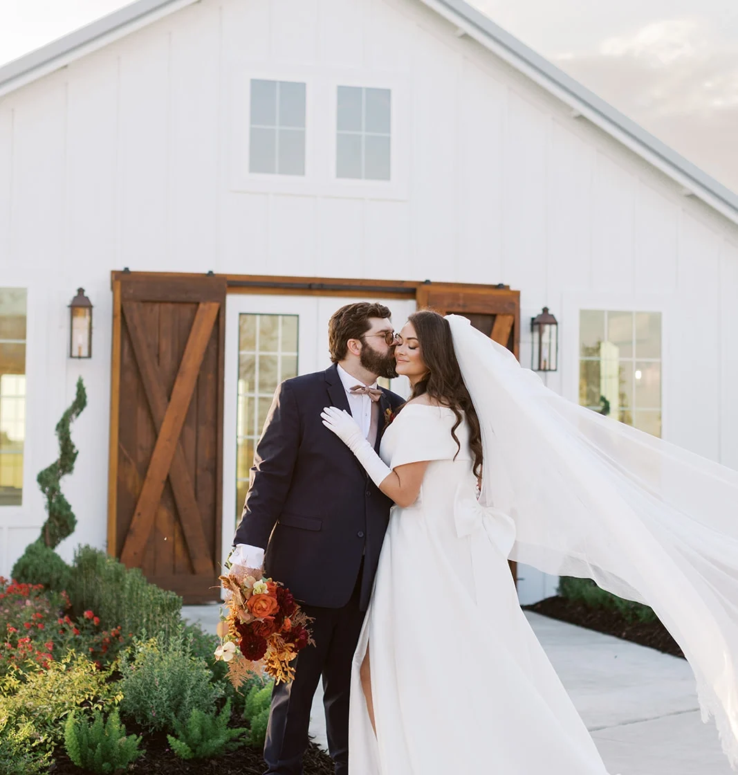 Wedding Portrait in front of the chapel at Le Magasin Roullier